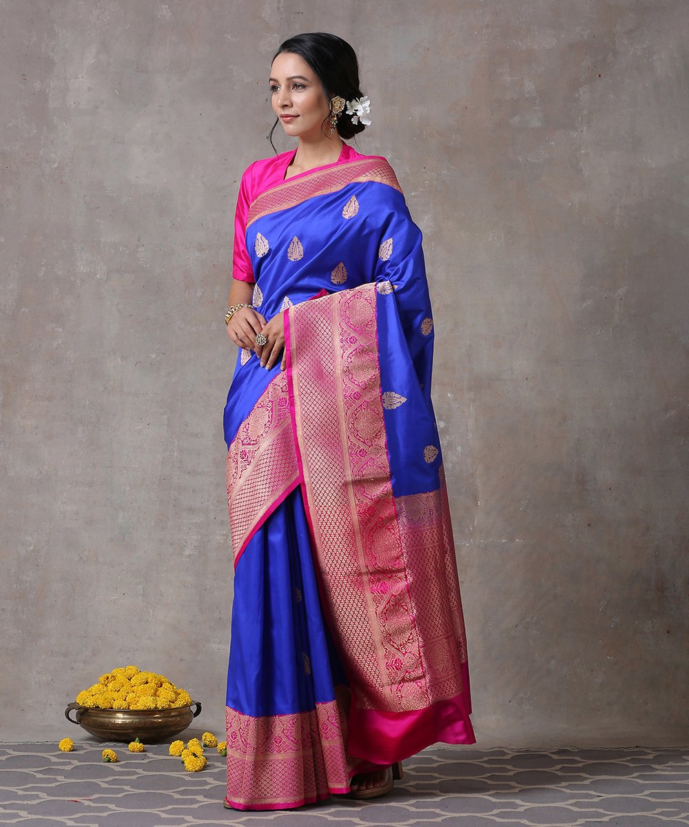 Handloom_Blue_Pure_Katan_Silk_Banarasi_Saree_With_Majenta_Border_and_Bootidar_Leaf_Motifs_WeaverStory_02