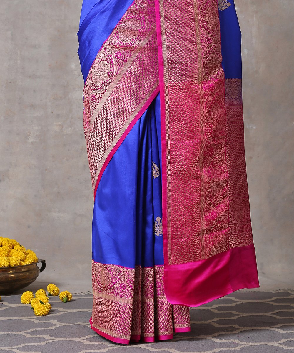 Handloom_Blue_Pure_Katan_Silk_Banarasi_Saree_With_Majenta_Border_and_Bootidar_Leaf_Motifs_WeaverStory_04