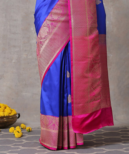 Handloom_Blue_Pure_Katan_Silk_Banarasi_Saree_With_Majenta_Border_and_Bootidar_Leaf_Motifs_WeaverStory_04