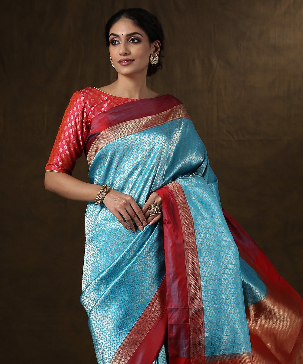Handloom_Blue_Zari_Brocade_Banarasi_Saree_With_Red_Satin_Border_and_Blouse_WeaverStory_01
