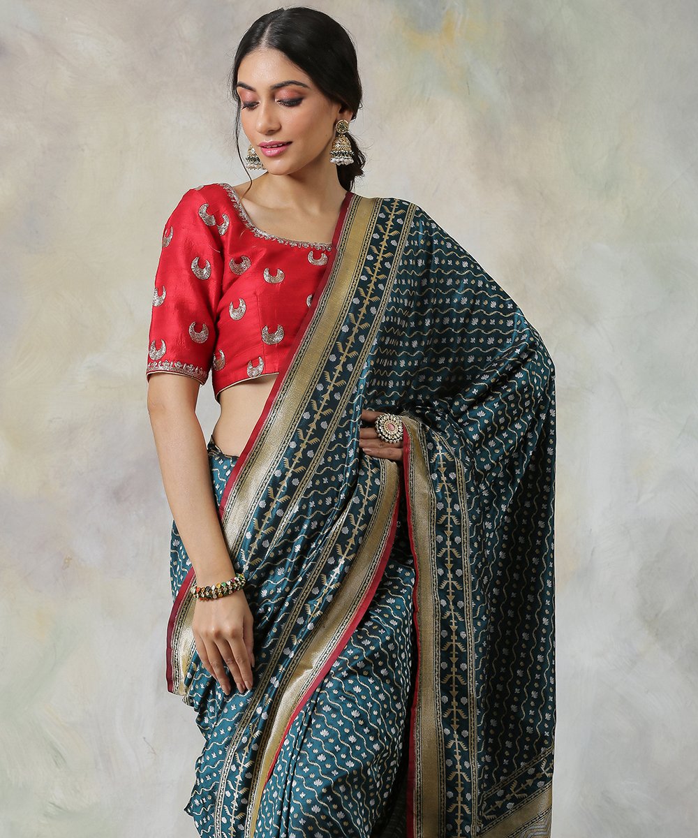 Handloom_Bottle_Green_Banarasi_Saree_With_Cutwork_Jamdani_Weave_WeaverStory_01