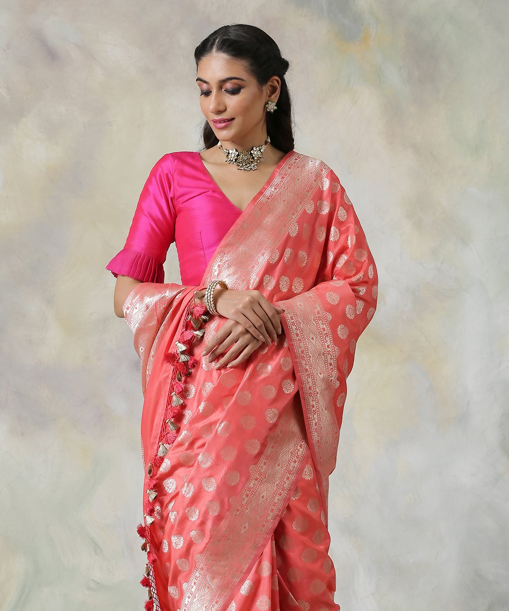 Banarasee Organza Mix Saree With Silver Zari Design & Border-Pink