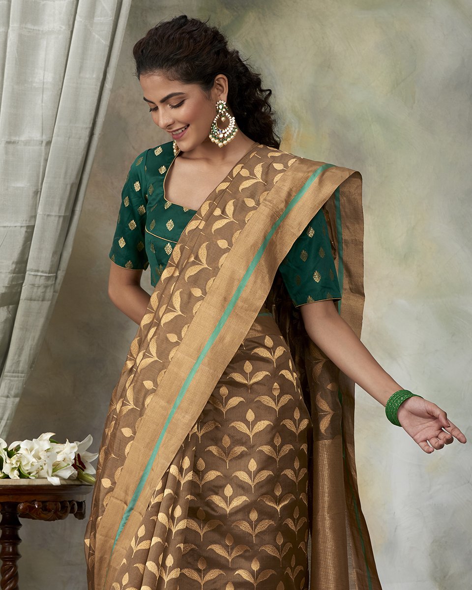 Handloom_Brown_Chanderi_Silk_Saree_with_Leaf_Motifs_woven_in_Zari_WeaverStory_01