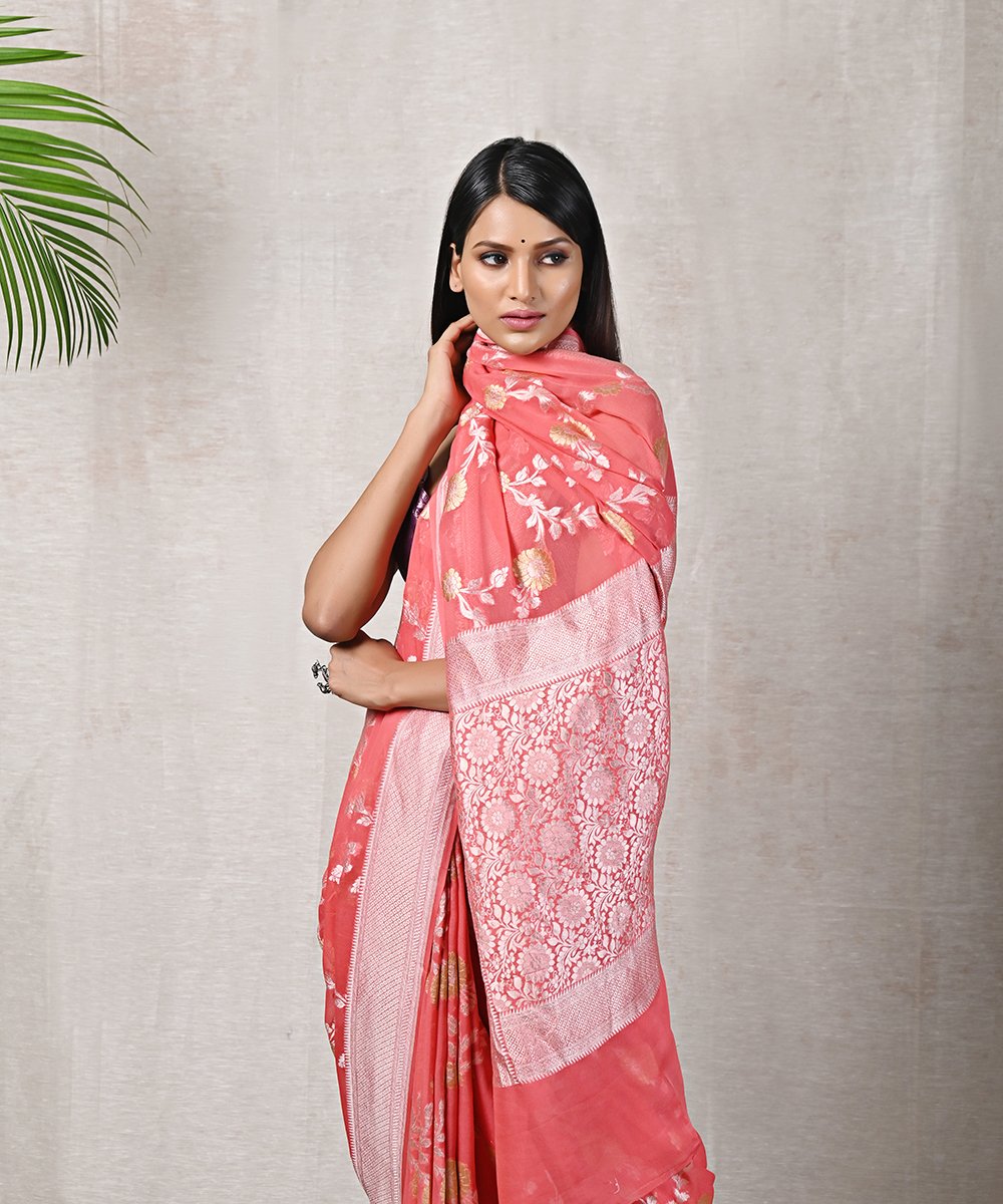 Handloom_Coral_Peach_Banarasi_Georgette_Saree_with_Meenakari_Jaal_WeaverStory_01