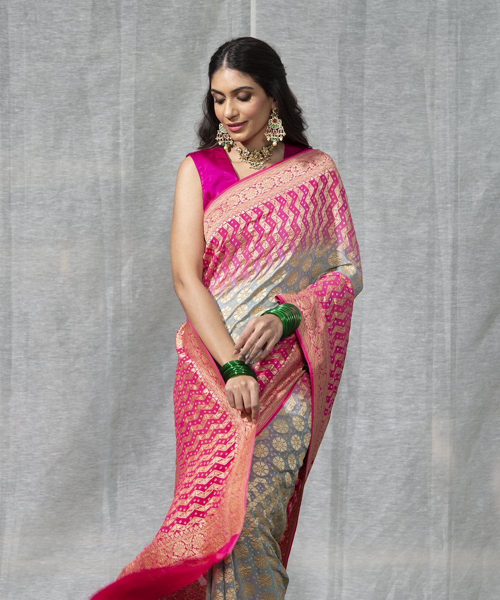 Handloom_Coral_Pink_and_Grey_Dual_Tone_Pure_Georgette_Banarasi_Bandhej_Saree_WeaverStory_01