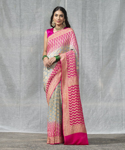 Handloom_Coral_Pink_and_Grey_Dual_Tone_Pure_Georgette_Banarasi_Bandhej_Saree_WeaverStory_02