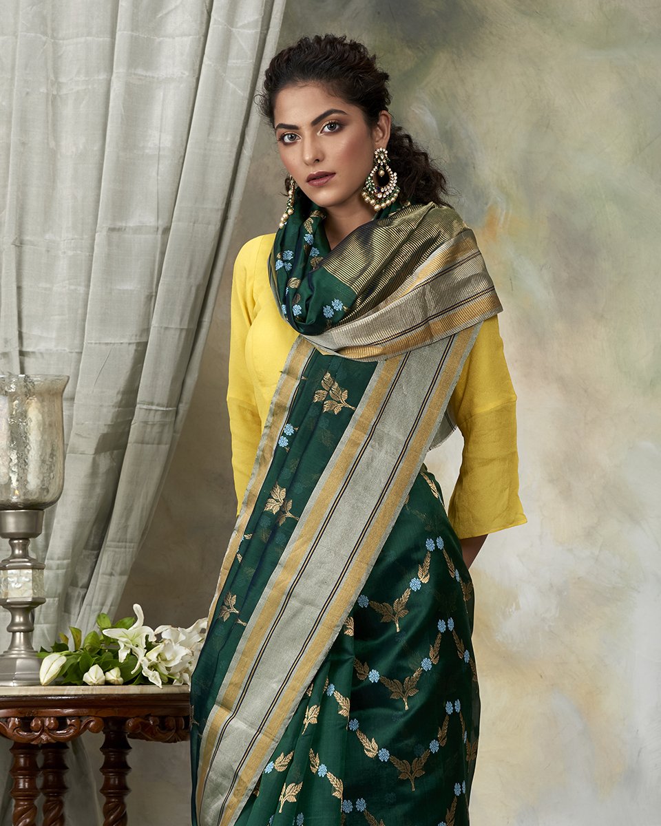 Handloom_Emerald_Green_Chanderi_Silk_Saree_with_Jaal_WeaverStory_01