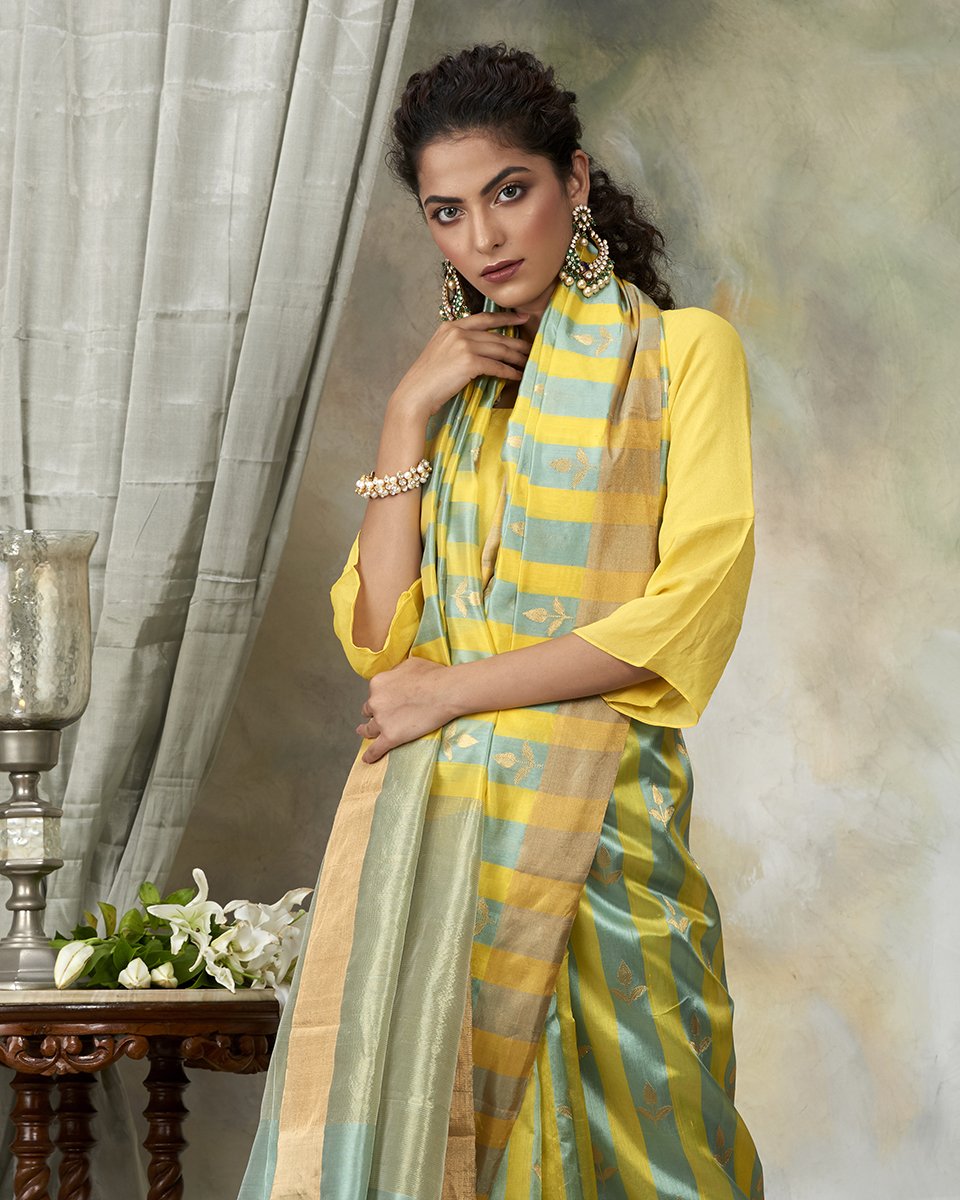 Handloom_Green_And_Yellow_Striped_Chanderi_Silk_Saree_With_Leaf_Booti_WeaverStory_01