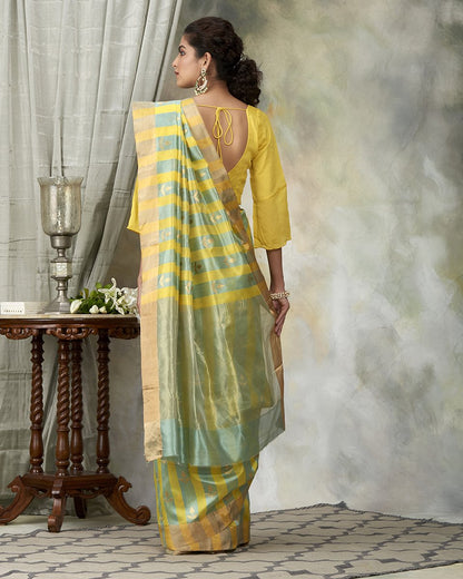 Handloom_Green_And_Yellow_Striped_Chanderi_Silk_Saree_With_Leaf_Booti_WeaverStory_03