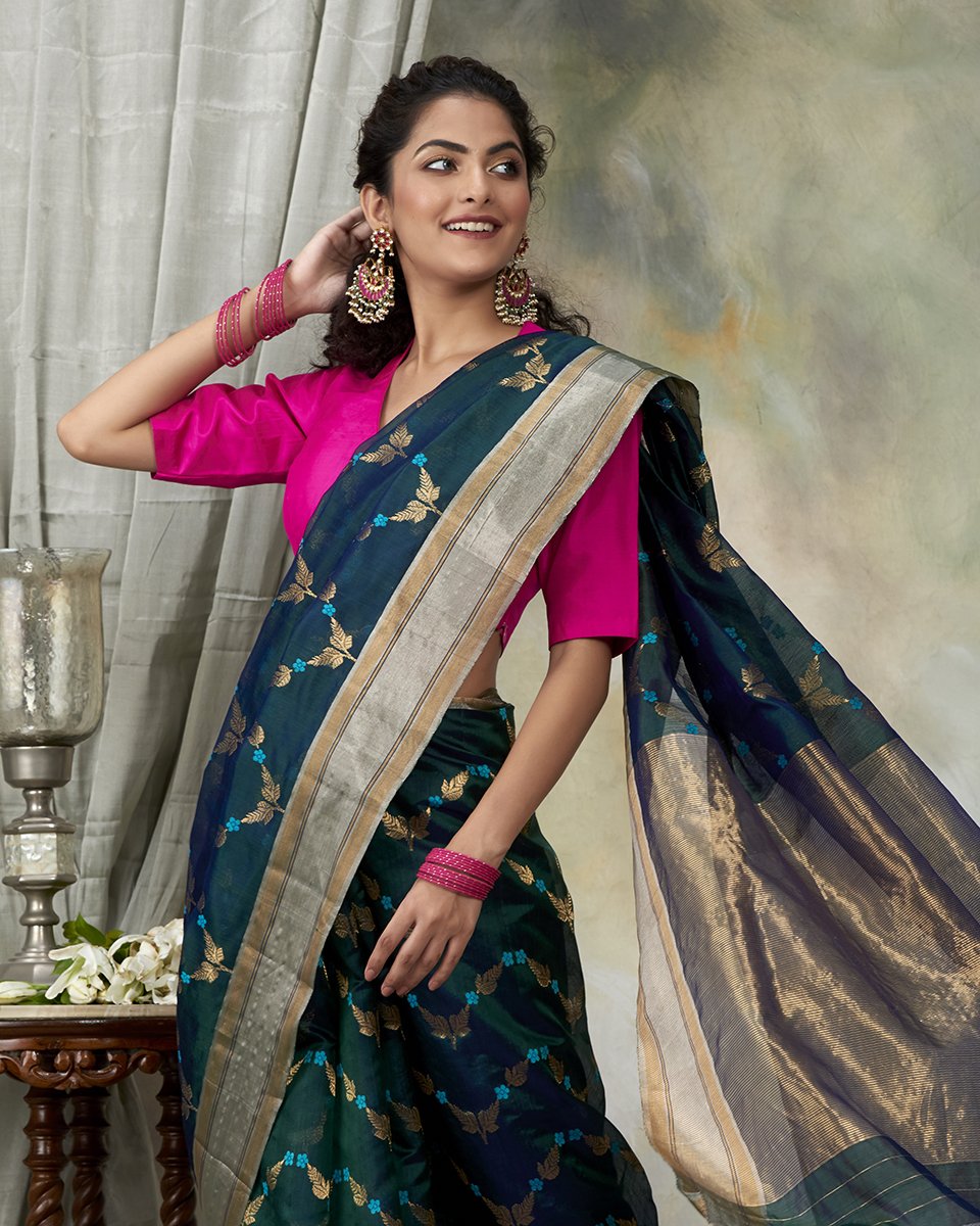 Handloom_Green_Chanderi_Silk_Saree_with_All_Over_Jaal_WeaverStory_01