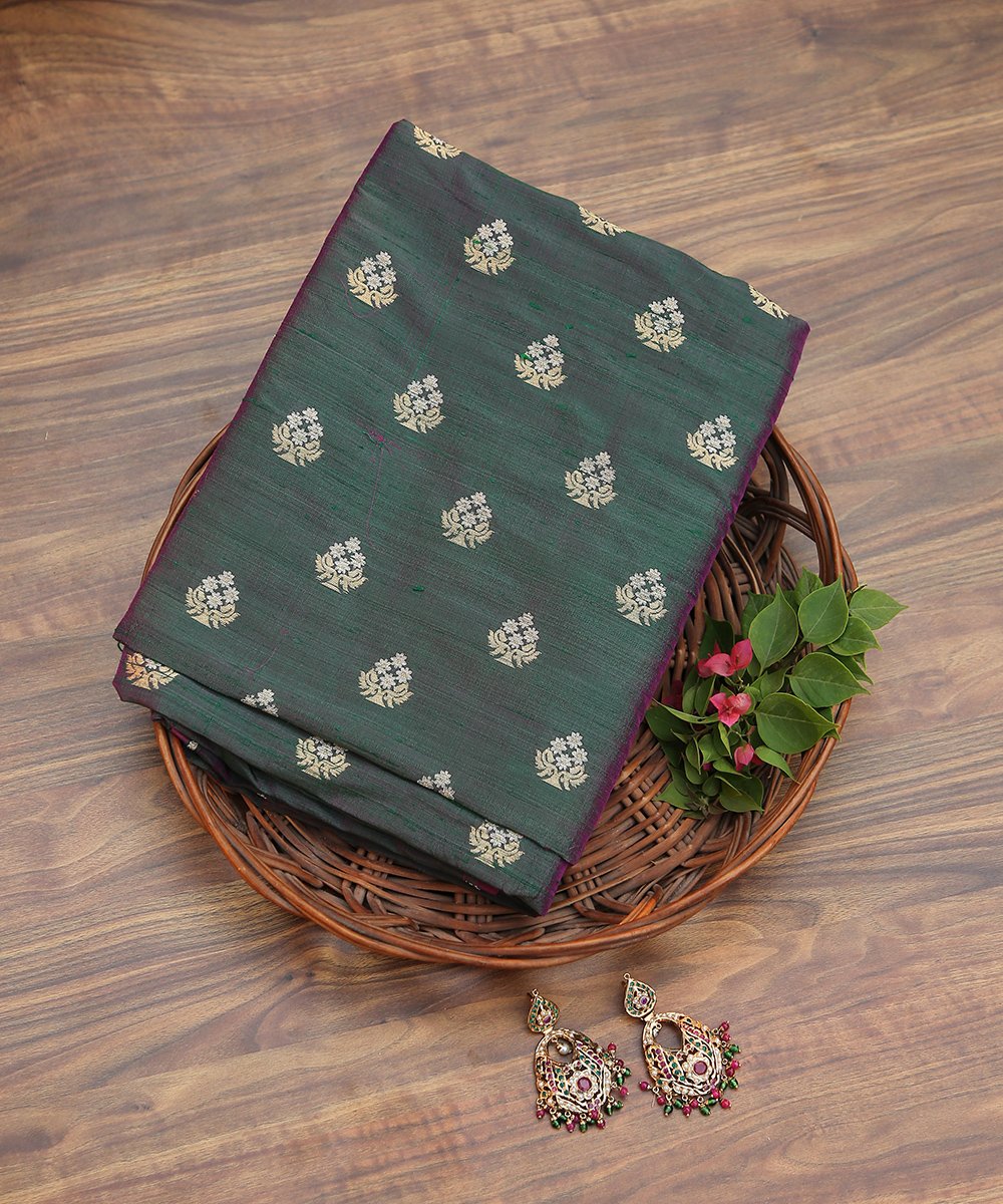 Handloom_Green_and_Red_Dual_Tone_Tusser_Silk_Banarasi_Fabric_with_Zari_Booti_WeaverStory_01