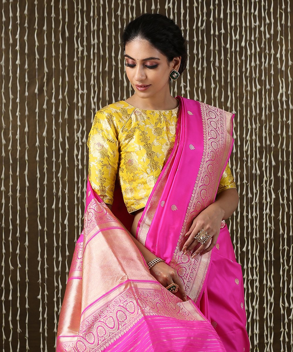 Handloom_Hot_Pink_Kadhwa_Banarasi_Saree_With_Gold_And_Silver_Zari_and_Booti_Design_WeaverStory_01