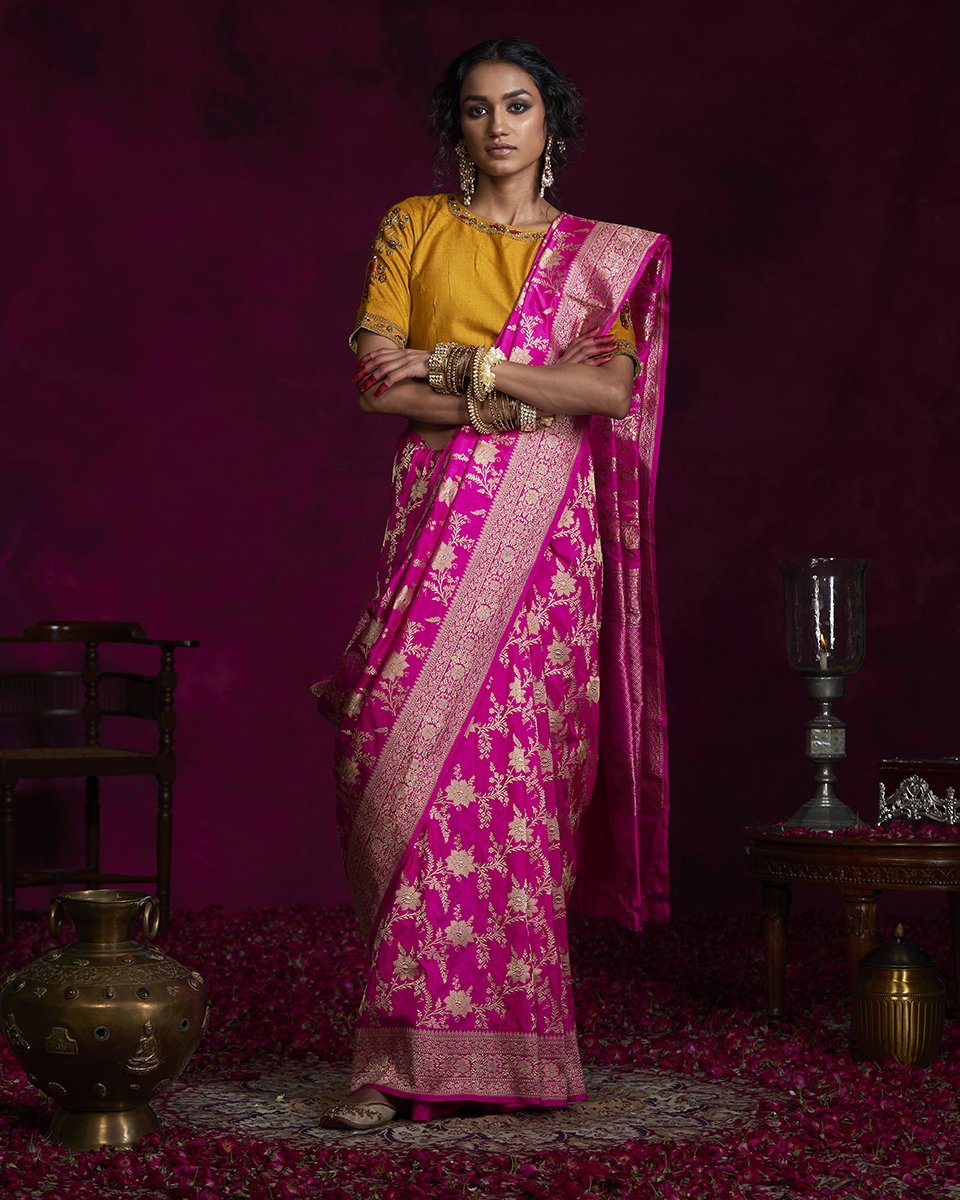 Shop Online Banarasi Silk Hot Pink Weaving Classic Saree : 161327 -