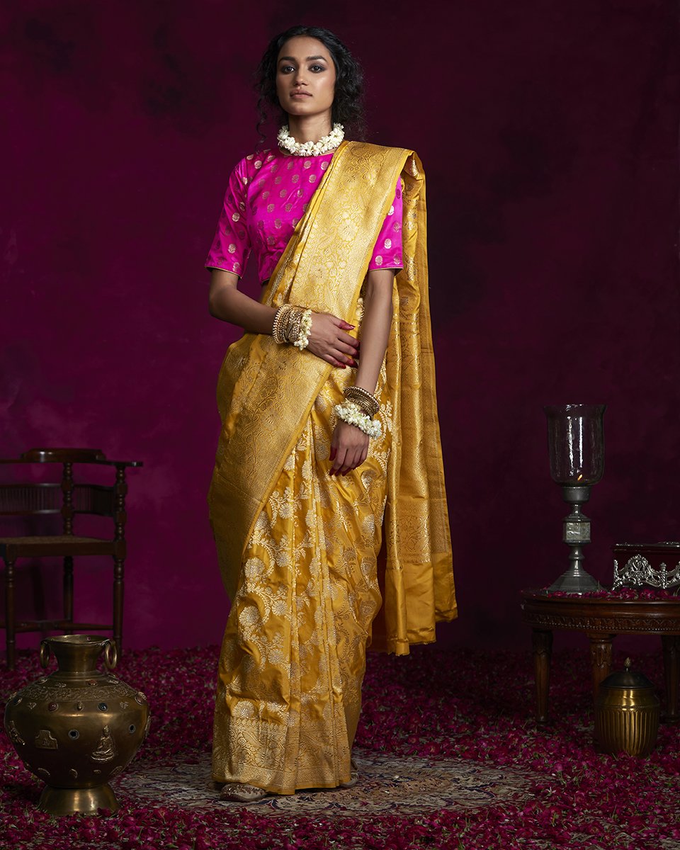 Handloom_Katan_Silk_Yellow_Kadhwa_Banarasi_Saree_with_Jangla_Design_WeaverStory_02