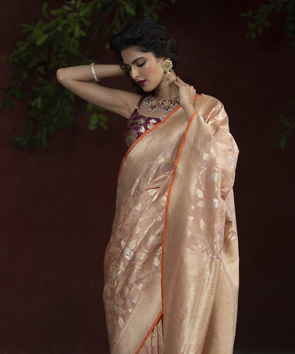 Handloom_Light_Peach_Katan_Silk_Banarasi_Saree_with_Sona_Rupa_Rose_Flower_Jangla_WeaverStory_01