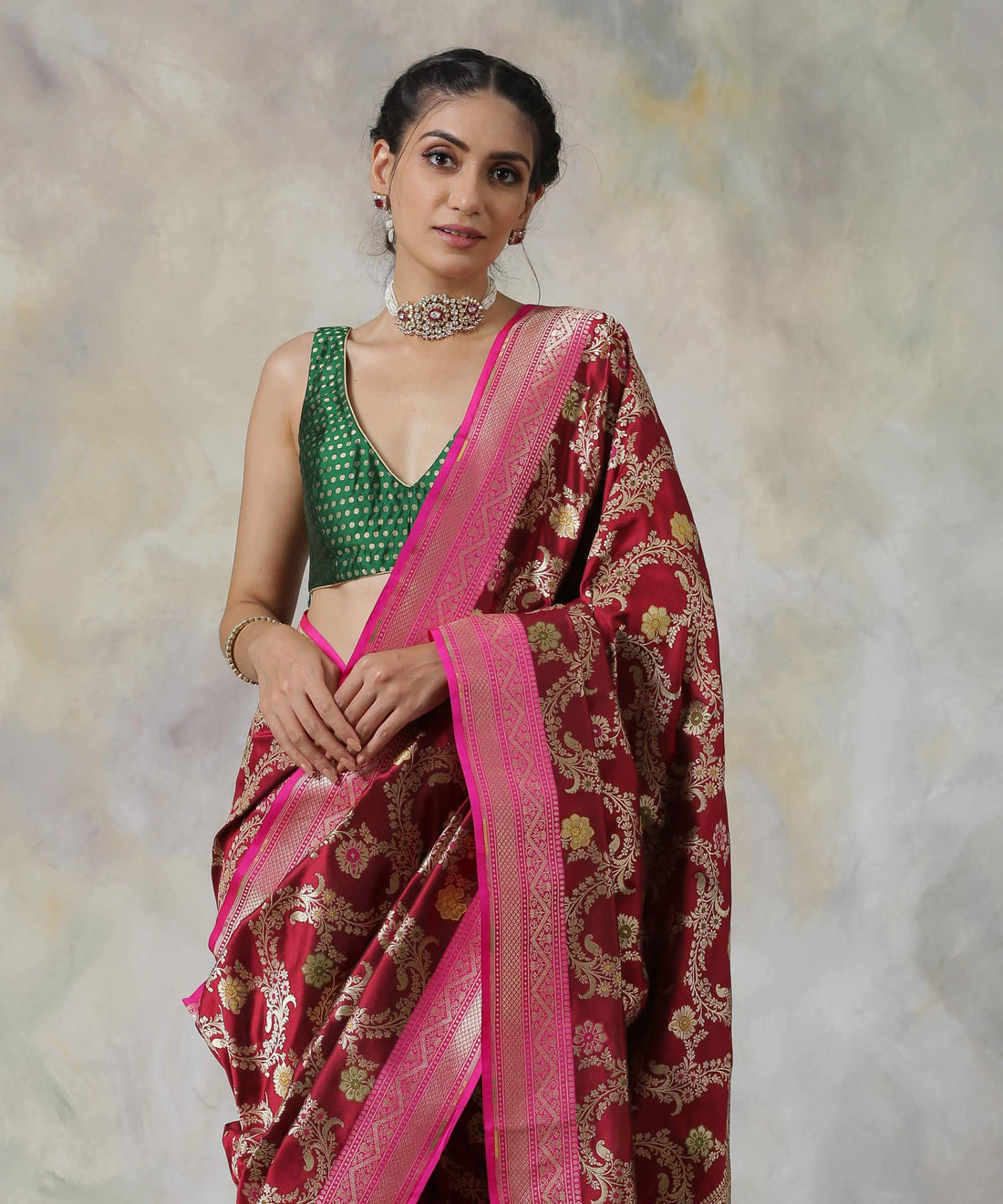 Handloom_Maroon_Pure_Katan_Silk_Saree_with_Pink_Border_WeaverStory_01