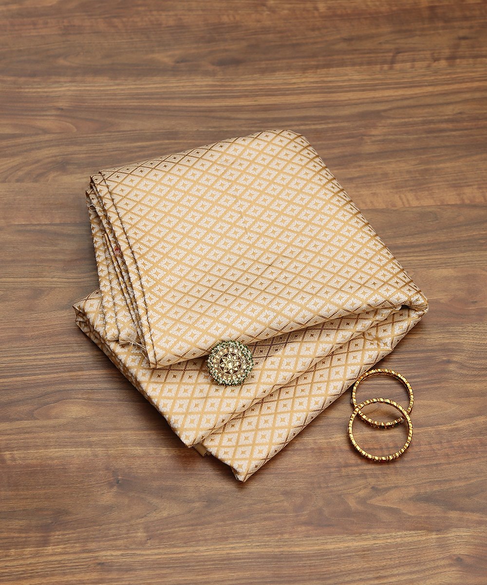 Handloom_Offwhite_and_Gold_Satin_Brocade_Banarasi_Fabric_with_Big_Checks_WeaverStory_01