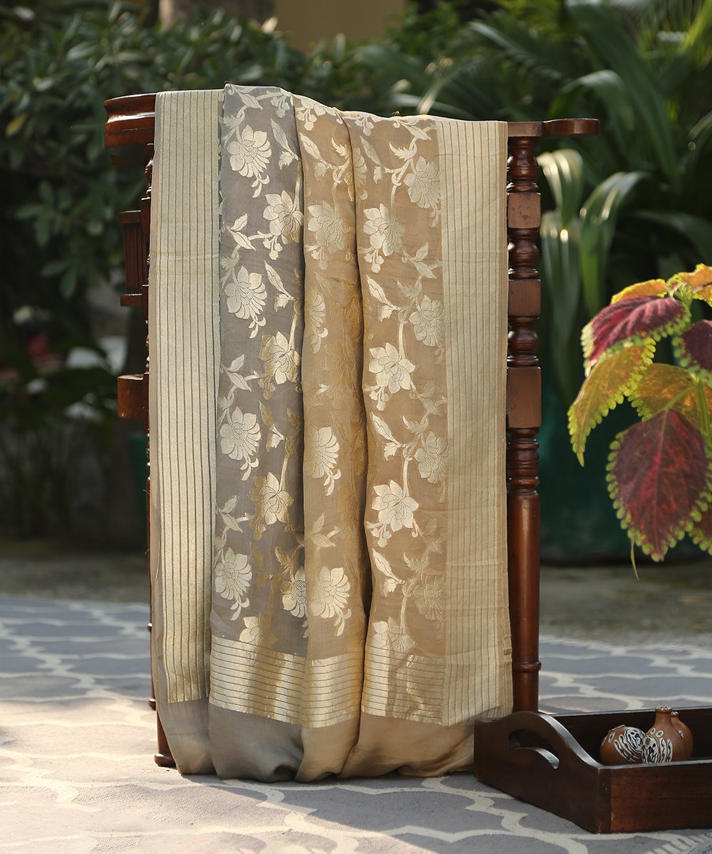 Handloom_Olive_Beige_Ombre_Dye_Banarasi_Georgette_Jangla_Dupatta_WeaverStory_01