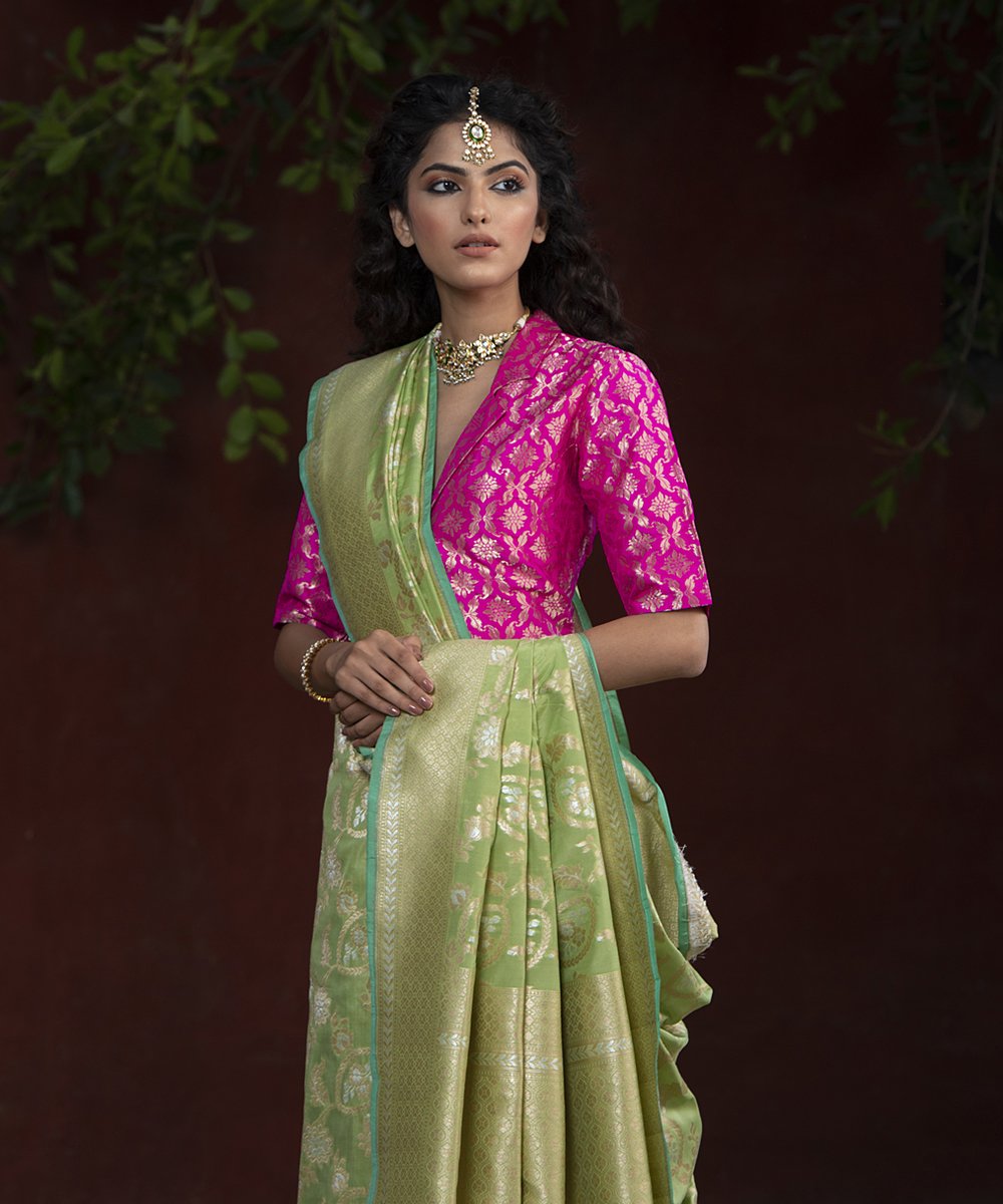 Handloom_Parrot_Green_Katan_Silk_Cutwork_Sona_Rupa_with_Jangla_Design_WeaverStory_01