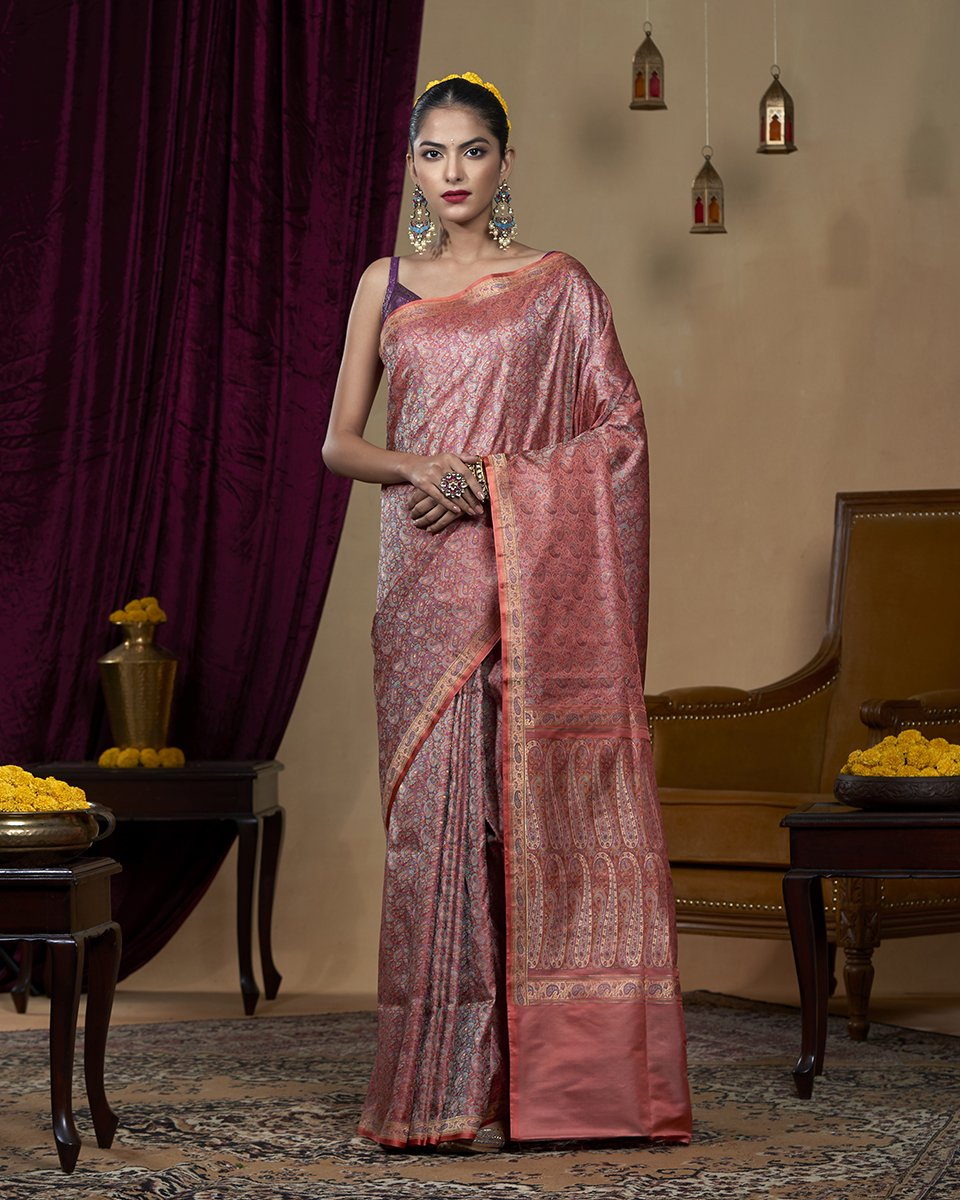 Handloom_Peach_Six_Color_Pure_Katan_Silk_Reshmi_Jamawar_Tanchoi_Saree_With_Zari_Border_WeaverStory_02