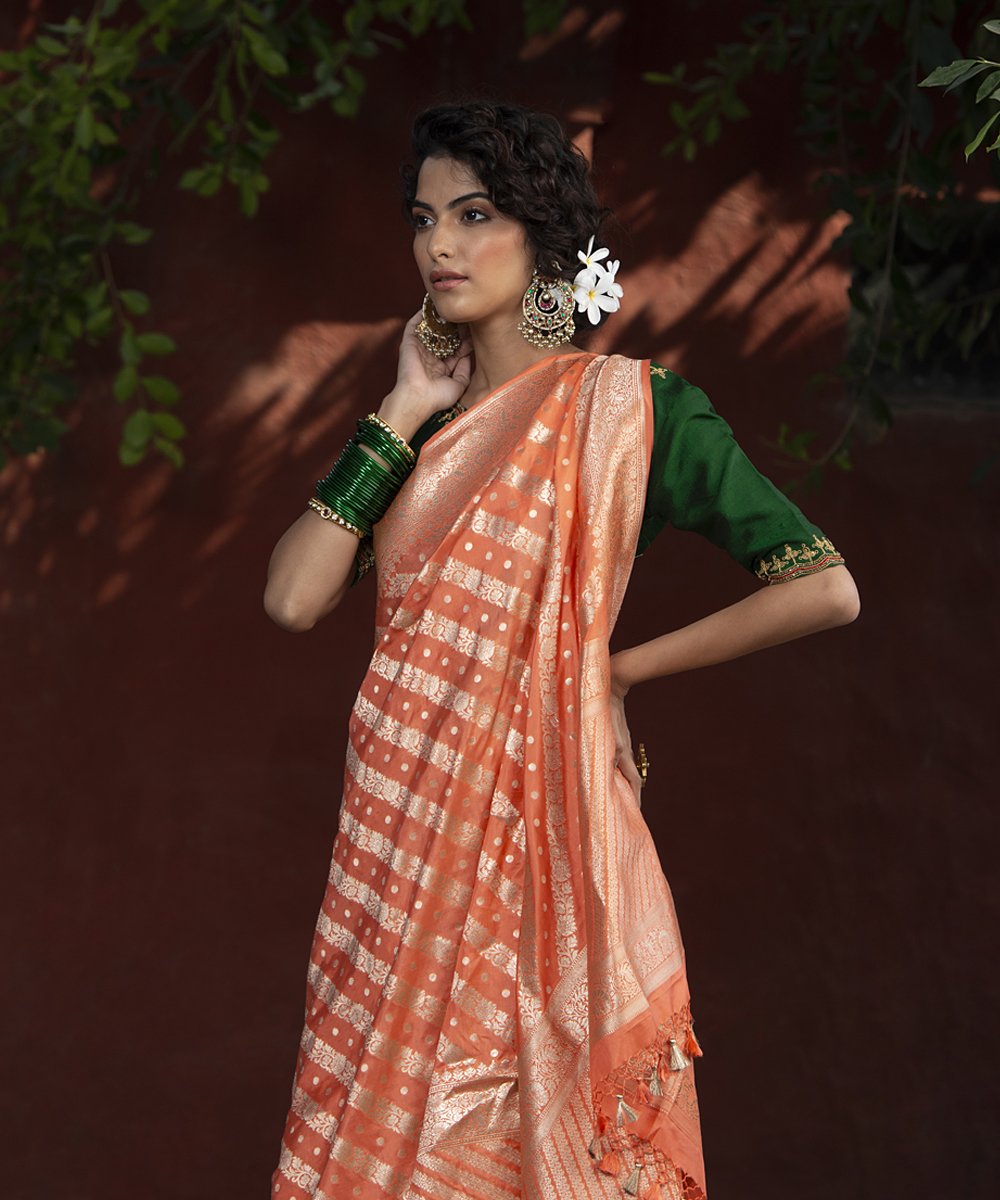Handloom_Peach_Katan_Silk_Cutwork_Banarasi_Saree_with_Aada_Jangla_WeaverStory_01