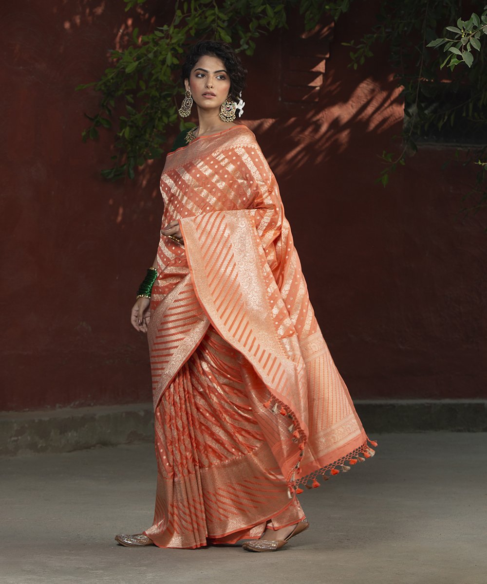 Handloom_Peach_Katan_Silk_Cutwork_Banarasi_Saree_with_Aada_Jangla_WeaverStory_02
