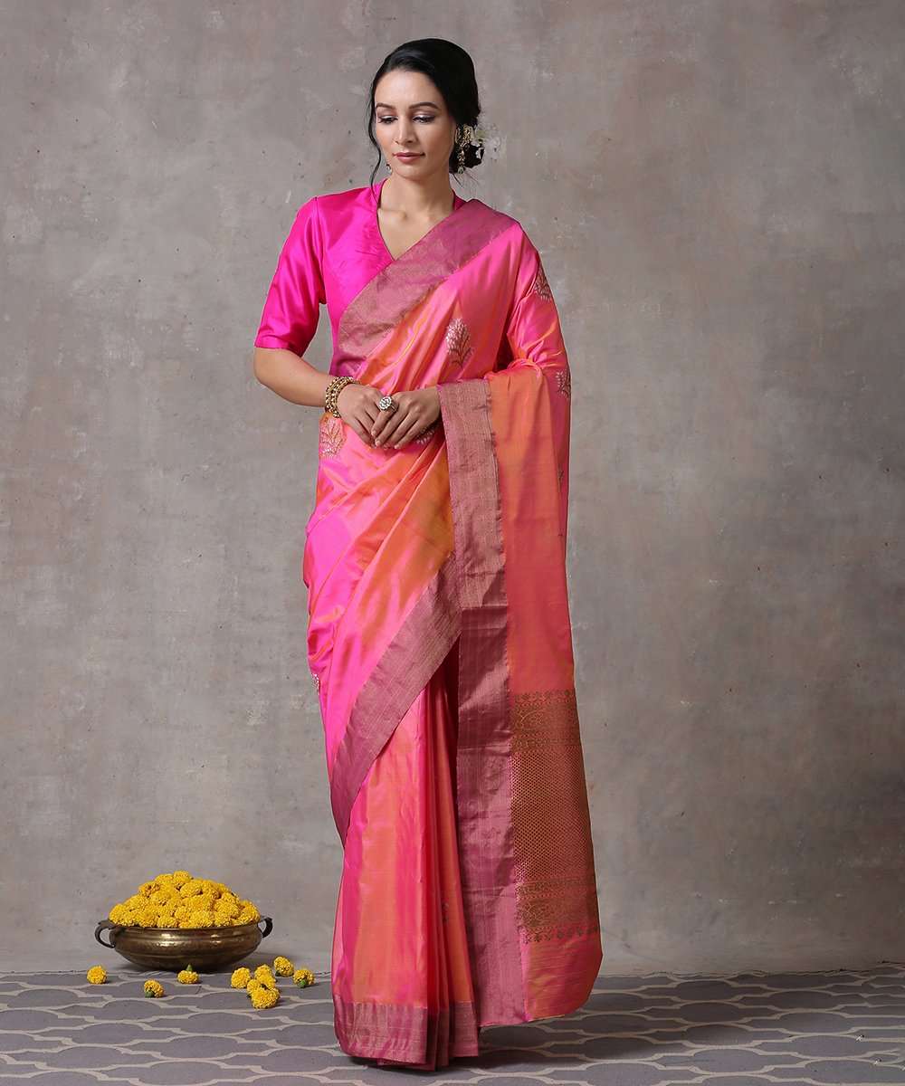 Handloom_Peach_Pure_Katan_Silk_Banarasi_Saree_with_Silver_Leaf_Booti_Saree_and_Antique_Zari_Border_WeaverStory_01