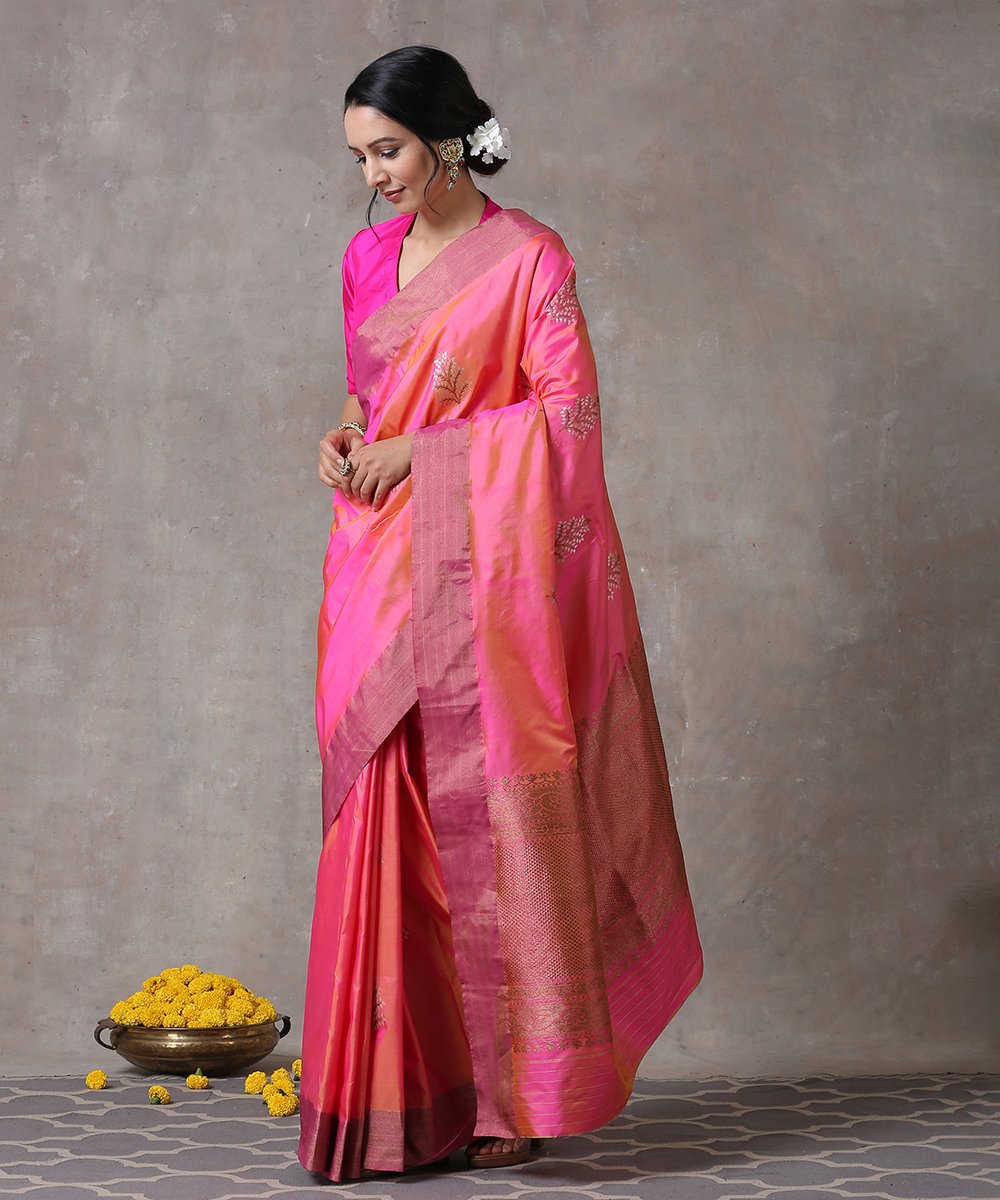 Handloom_Peach_Pure_Katan_Silk_Banarasi_Saree_with_Silver_Leaf_Booti_Saree_and_Antique_Zari_Border_WeaverStory_02