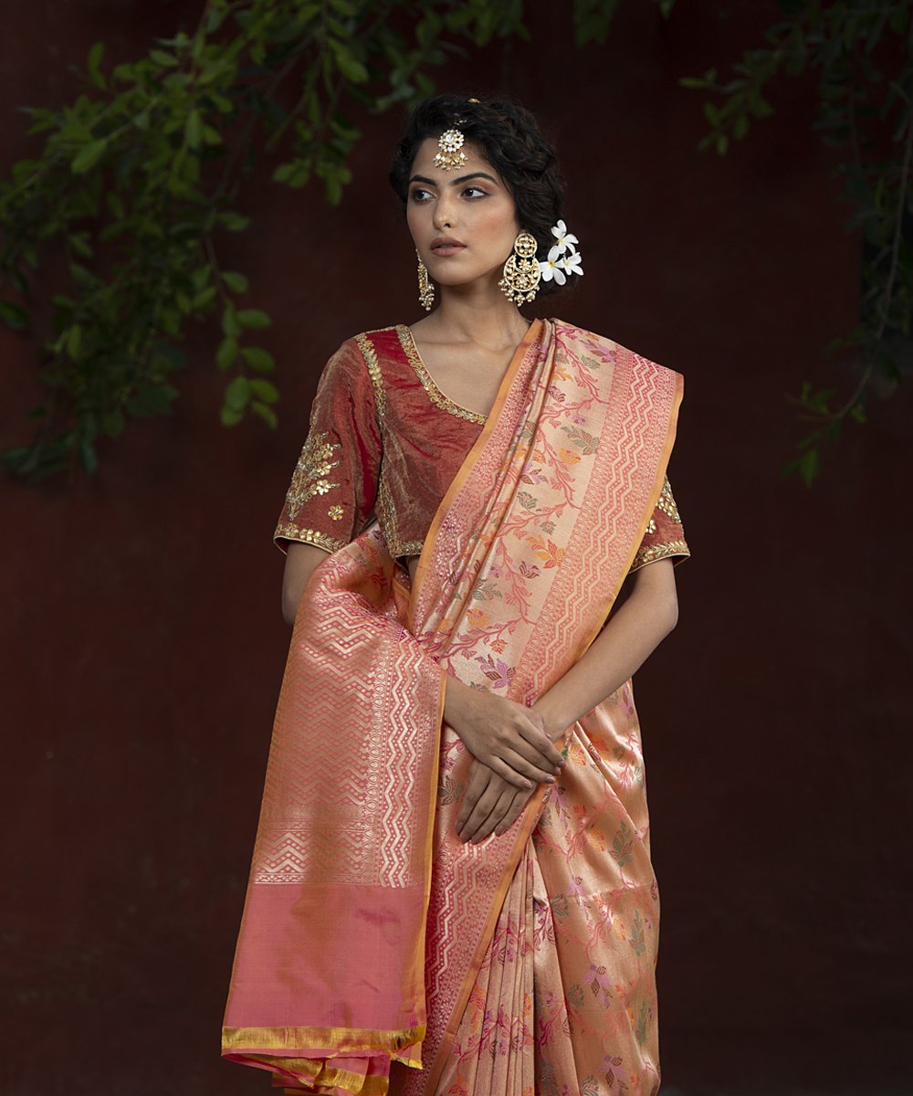 Handloom_Peach_Zari_Base_Katan_Silk_Banarasi_Saree_with_Meenakari_Jaal_WeaverStory_01