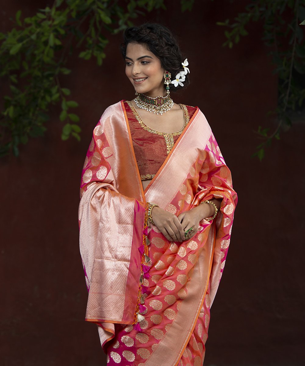 Handloom_Peach_and_Orange_Cutwork_Katan_Silk_Banarasi_Saree_with_Booti_Design_WeaverStory_01