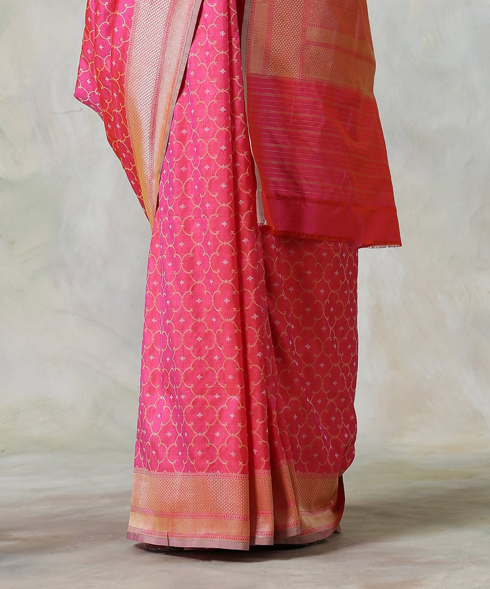 Handloom_Pink_and_Orange_Pure_Katan_Silk_Banarasi_Saree_with_Cutwork_Jamdani_Weave_WeaverStory_04