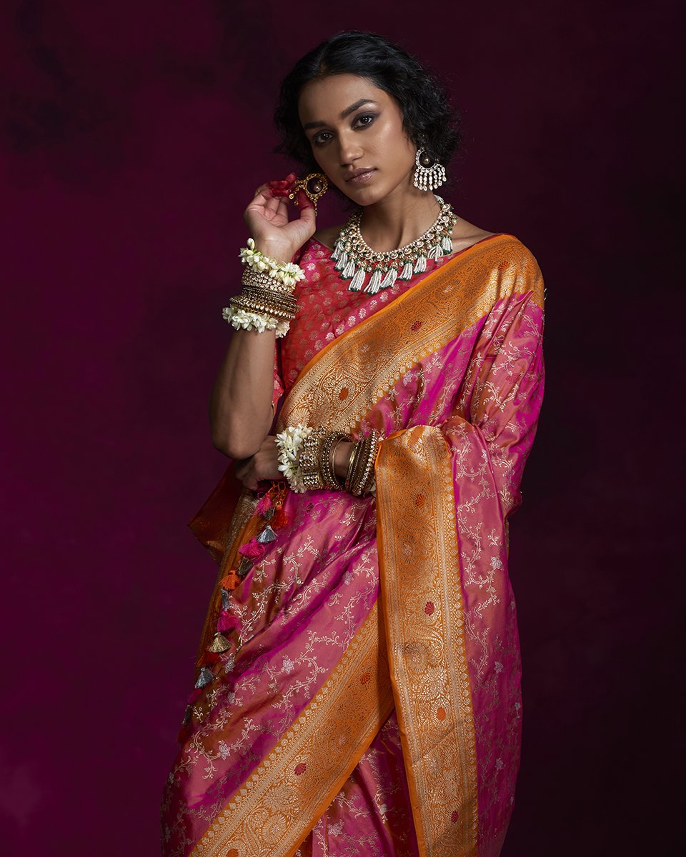 Handloom_Pink_Banarasi_Saree_with_Maheen_Jaal_and_Orange_Border_WeaverStory_01