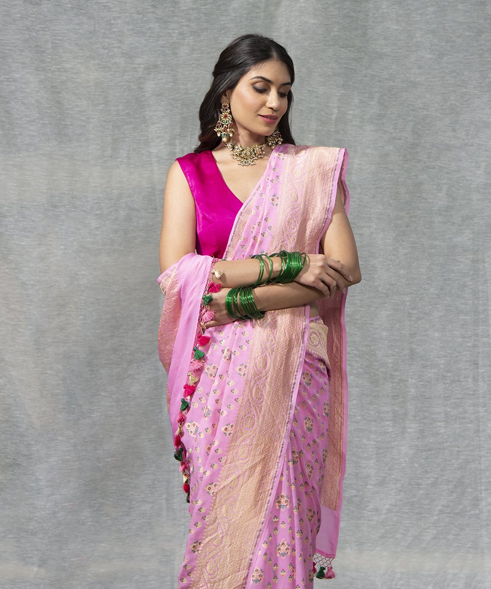 Handloom_Pink_Pure_Georgette_Banarasi_Saree_with_Meenkari_Booti_WeaverStory_01