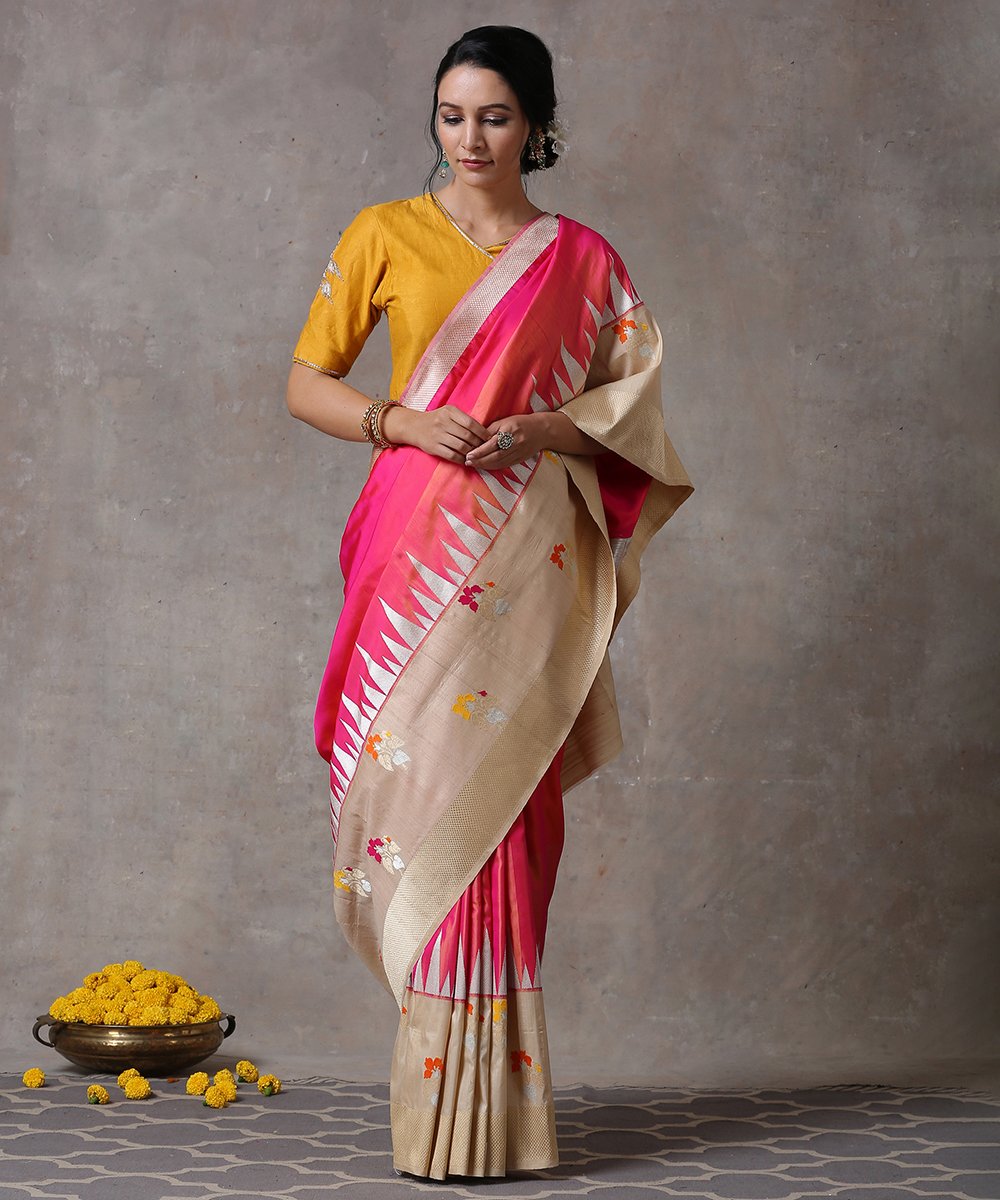 Handloom_Pink_Pure_Katan_Silk_Ektara_Banarasi_saree_With_Tusser_Border_WeaverStory_01