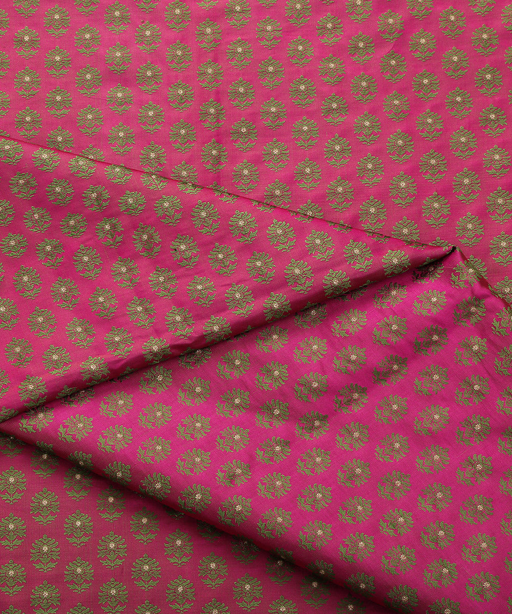 Handloom Pink and Green Dual Tone Pure Katan Silk  Zari Booti Banarasi Fabric