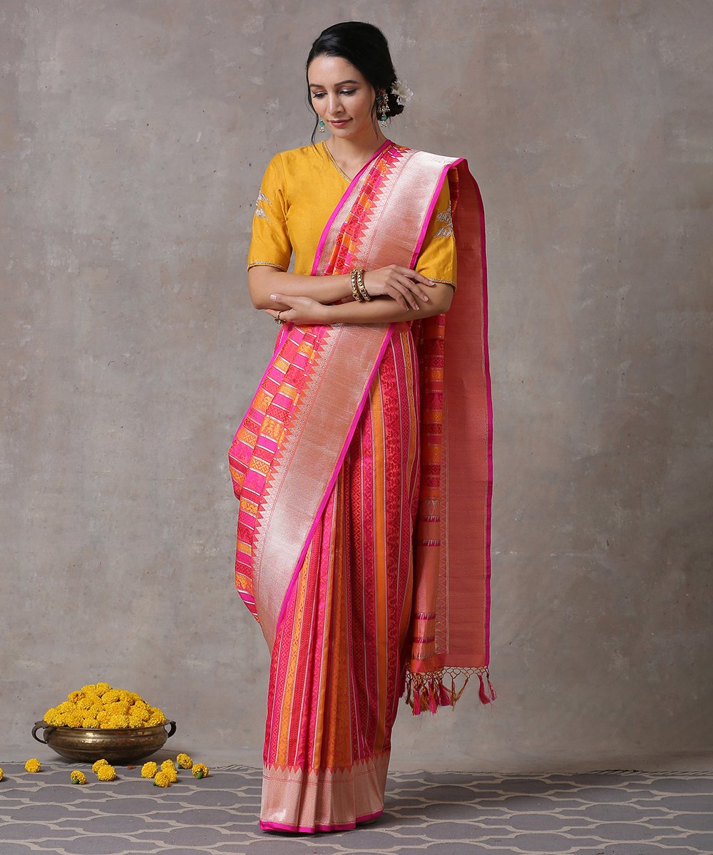 Handloom_Pink_and_Orange_Dual_Tone_Pure_Katan_Silk_Banarasi_Saree_with_Aada_Jaal_WeaverStory_01