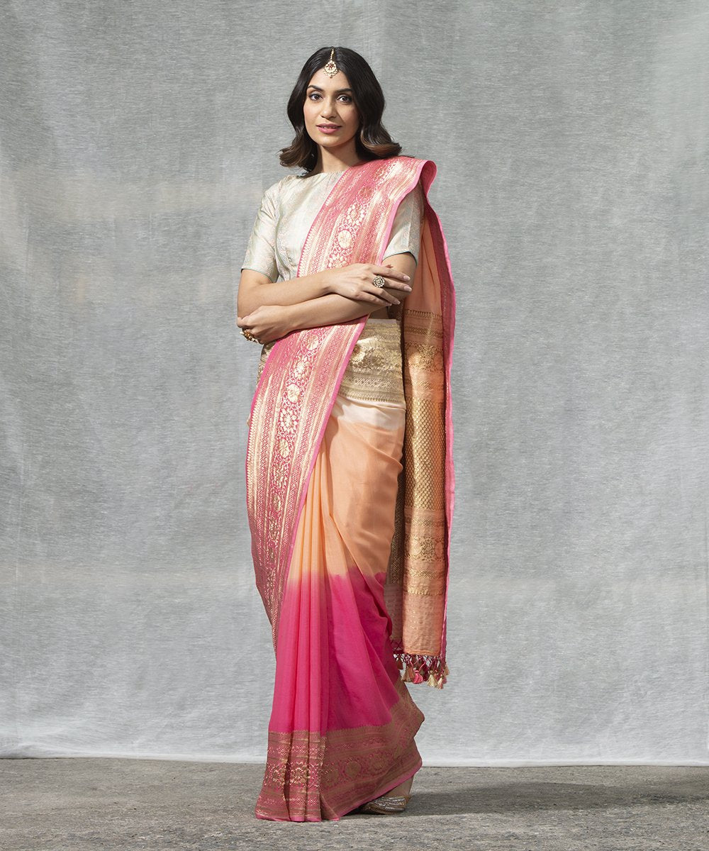 Handloom_Pink_and_Peach_Dual_Tone_Georgette_Banarasi_Saree_With_Kadhwa_Border_WeaverStory_02