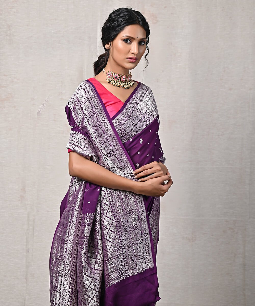 Handloom_Purple_Banarasi_Georgette_Saree_with_Silver_Zari_Work_WeaverStory_01