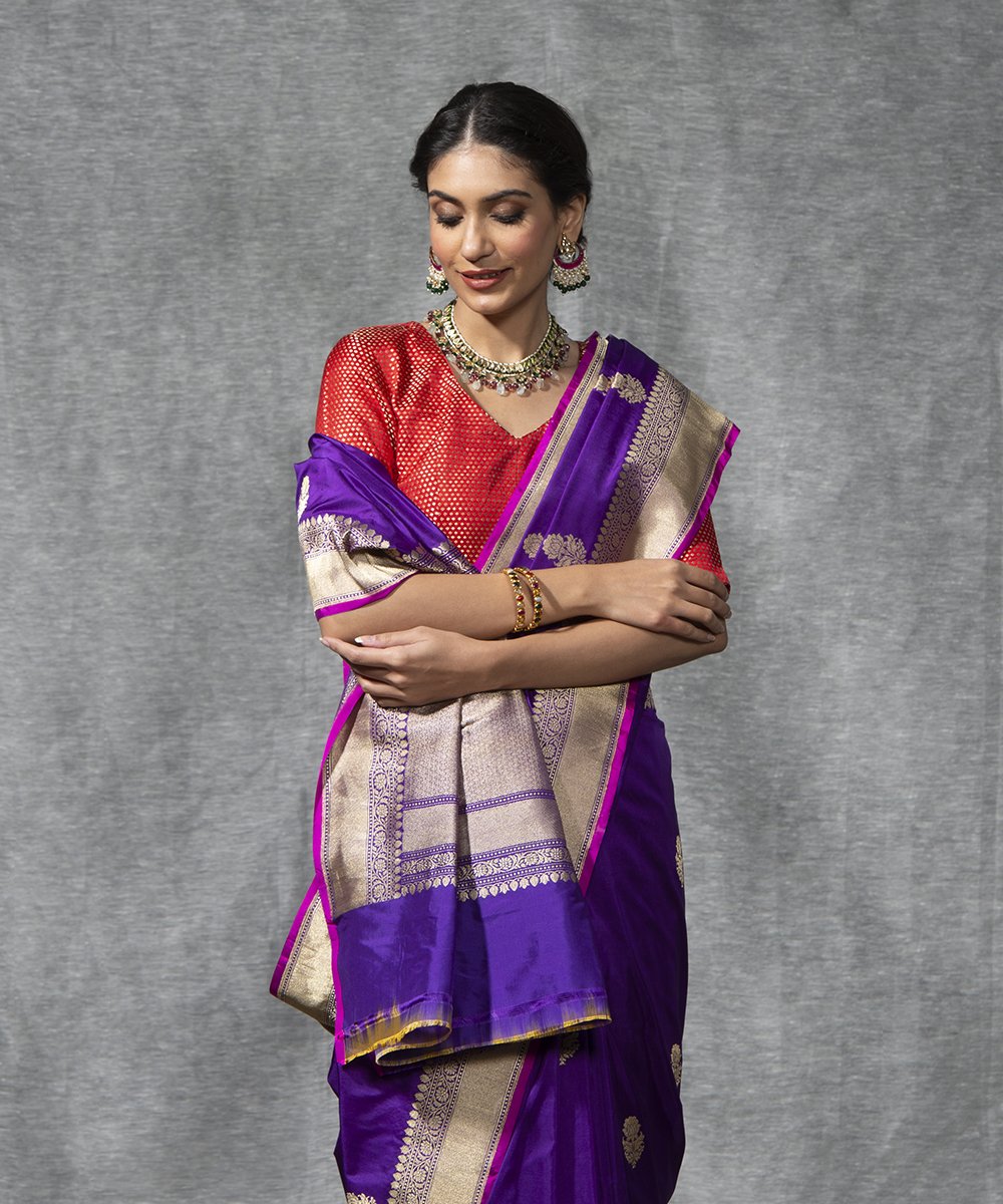 Handloom_Purple_Kadhwa_Katan_Silk_Banarasi_Saree_With_Boota_Design_and_Pink_Selvedge_WeaverStory_01