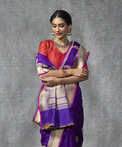 Handloom_Purple_Kadhwa_Katan_Silk_Banarasi_Saree_With_Boota_Design_and_Pink_Selvedge_WeaverStory_01