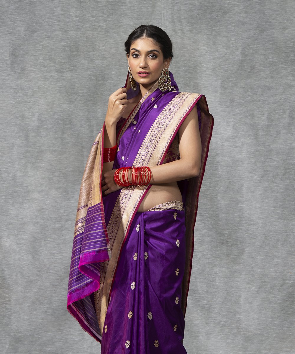 Handloom_Purple_Kadhwa_Katan_Silk_Banarasi_Saree_with_Floral_Booti_and_Red_Selvedge_WeaverStory_01