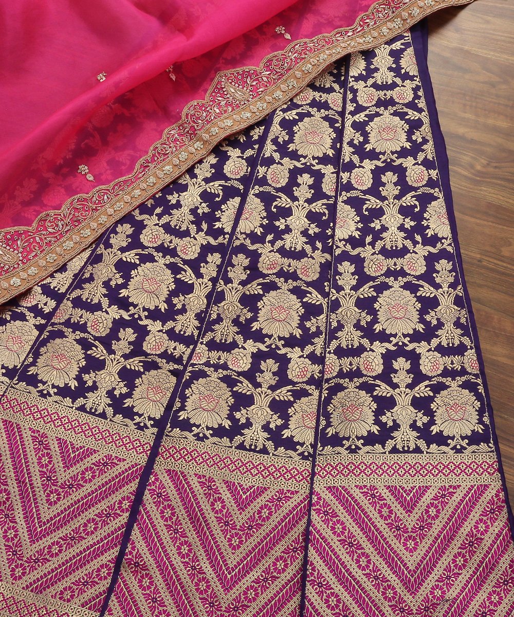 Handloom_Purple_Odhana_Jangla_Katan_Silk_Banarasi_Lehenga_With_Pink_Meenakari_Design_WeaverStory_01