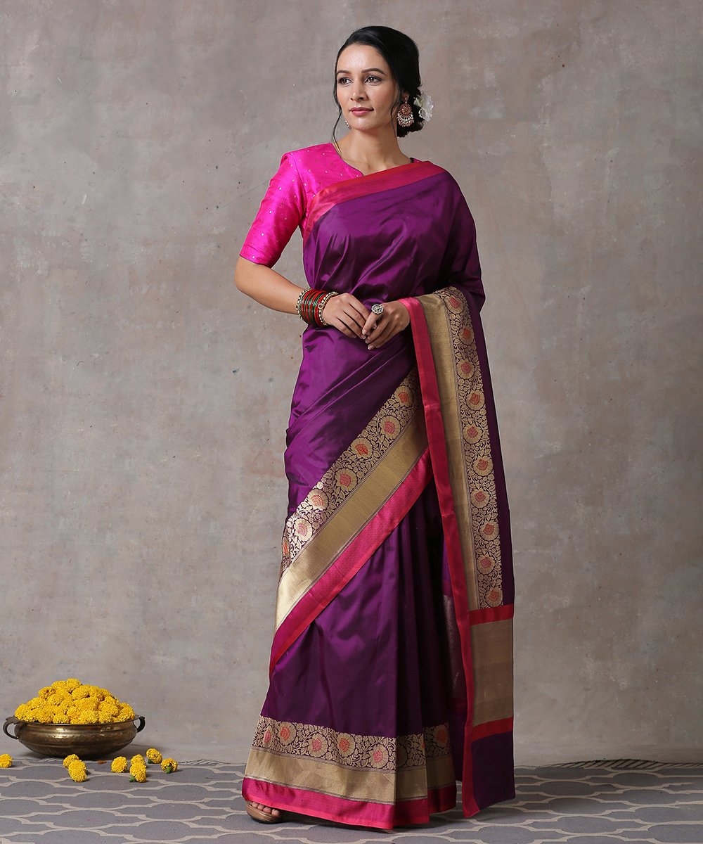 Handloom_Purple_Pure_Katan_Silk_Plain_Banarasi_Saree_With_Pink_Floral_Border_WeaverStory_01