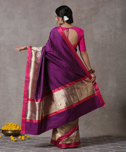 Handloom_Purple_Pure_Katan_Silk_Plain_Banarasi_Saree_With_Pink_Floral_Border_WeaverStory_03