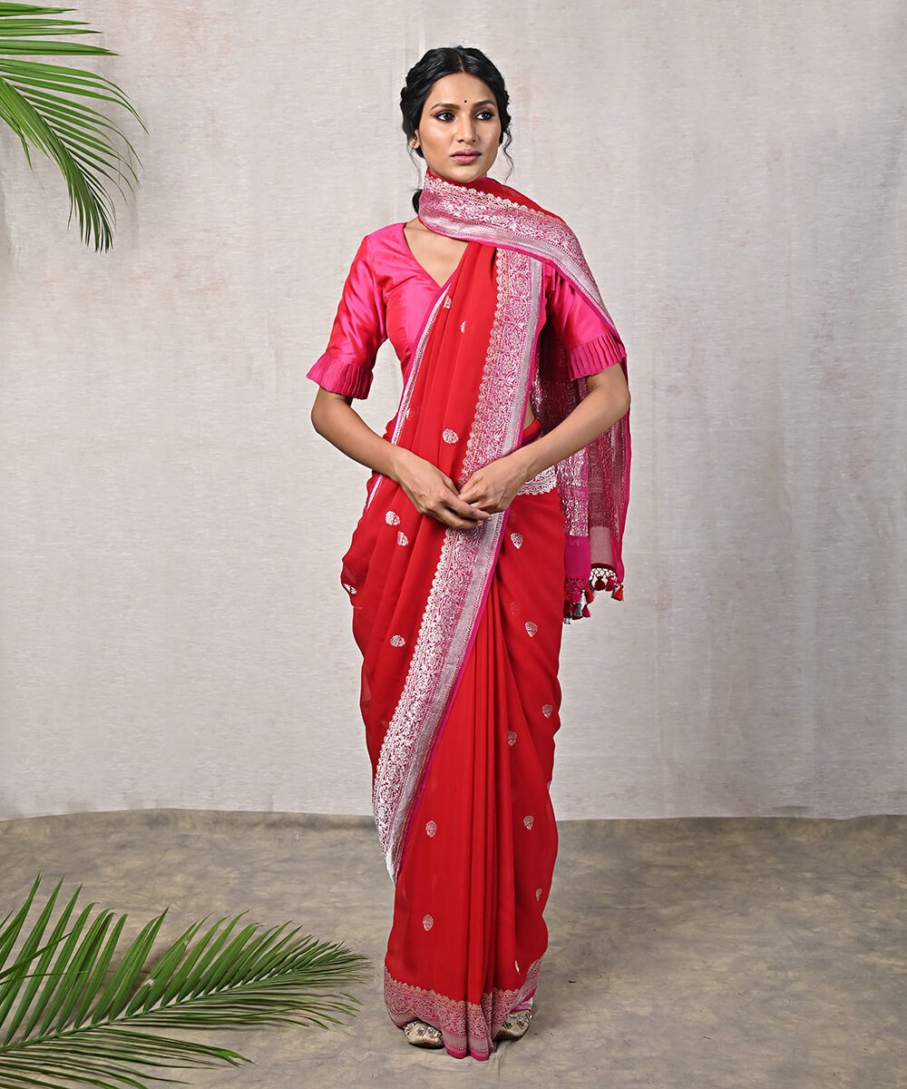 Handloom_Red_Banarasi_Georgette_Saree_with_Silver_Zari_and_Pink_Border_WeaverStory_02