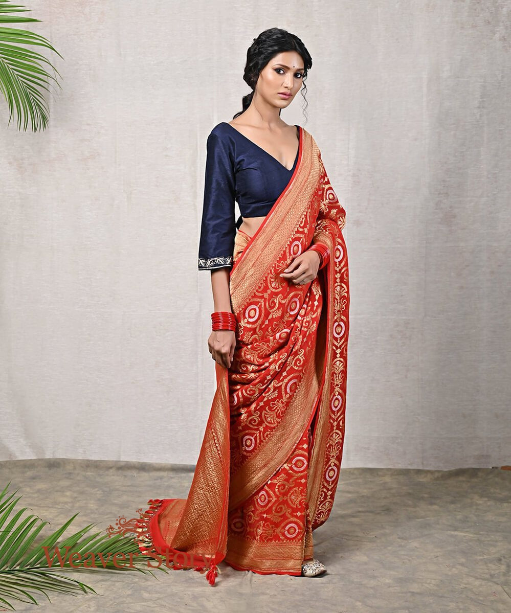 Handloom_Red_Banarasi_Georgette_Woven_Saree_with_Gold_and_Silver_Zari_Jaal_WeaverStory_02