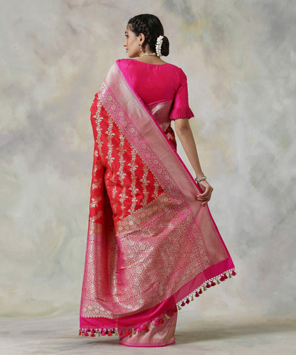 Handloom_Red_Banarasi_Silk_Saree_with_Floral_Jaal_and_Pink_Border_WeaverStory_03
