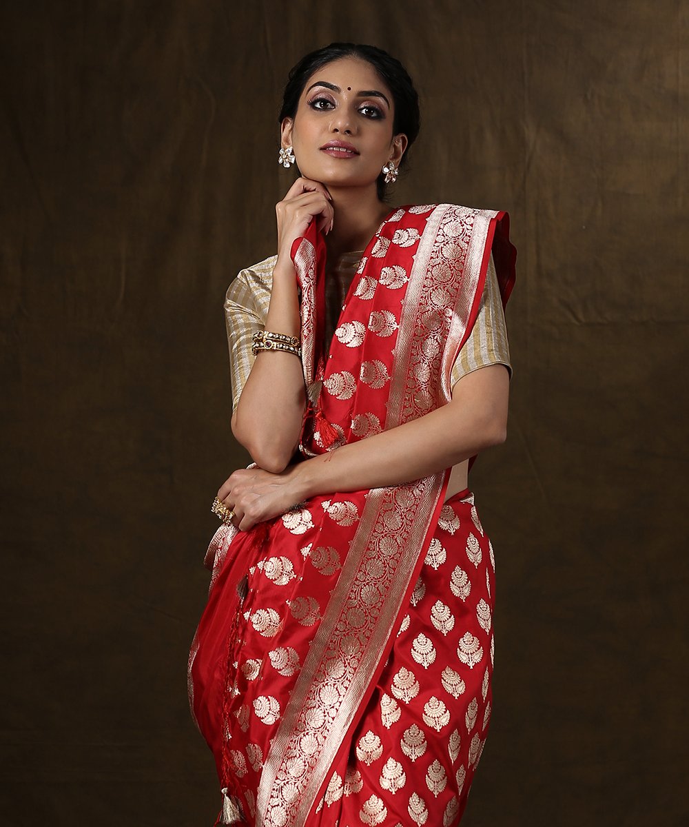 Handloom_Red_Cutwork_Katan_Silk_Banarasi_Saree_with_Bootis_and_Heavy_Brocade_Blouse_WeaverStory_01