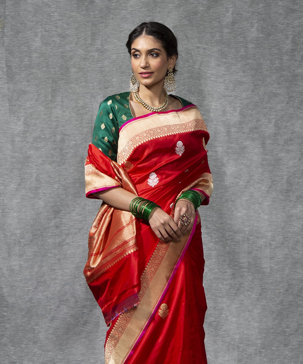 Handloom_Red_Kadhwa_Katan_Silk_Banarasi_Saree_with_Floral_Boota_and_Pink_Selvedge_WeaverStory_01