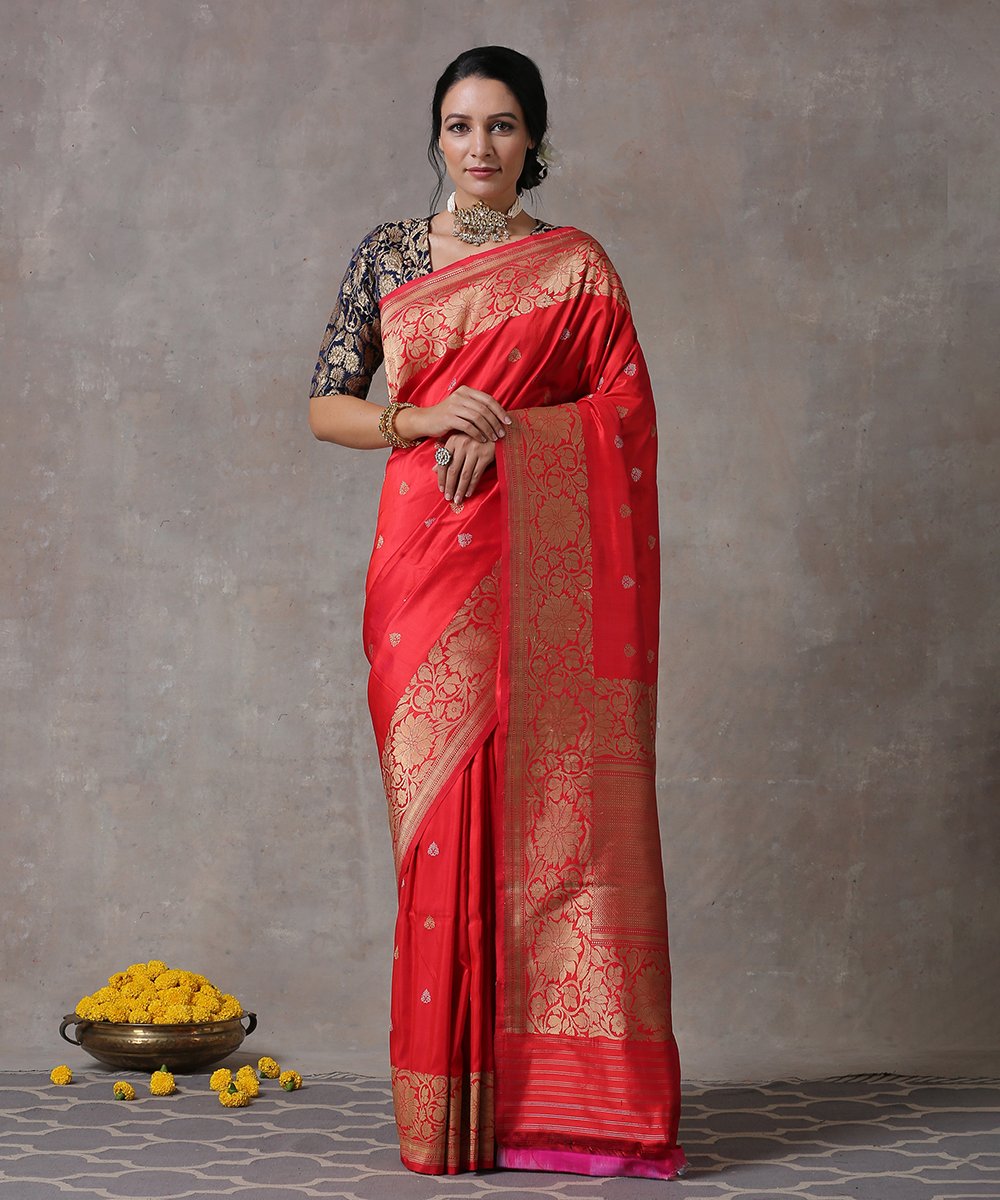 Handloom_Red_Katan_Silk_Banarasi_Saree_With_Gold_and_Silver_Boota_WeaverStory_01